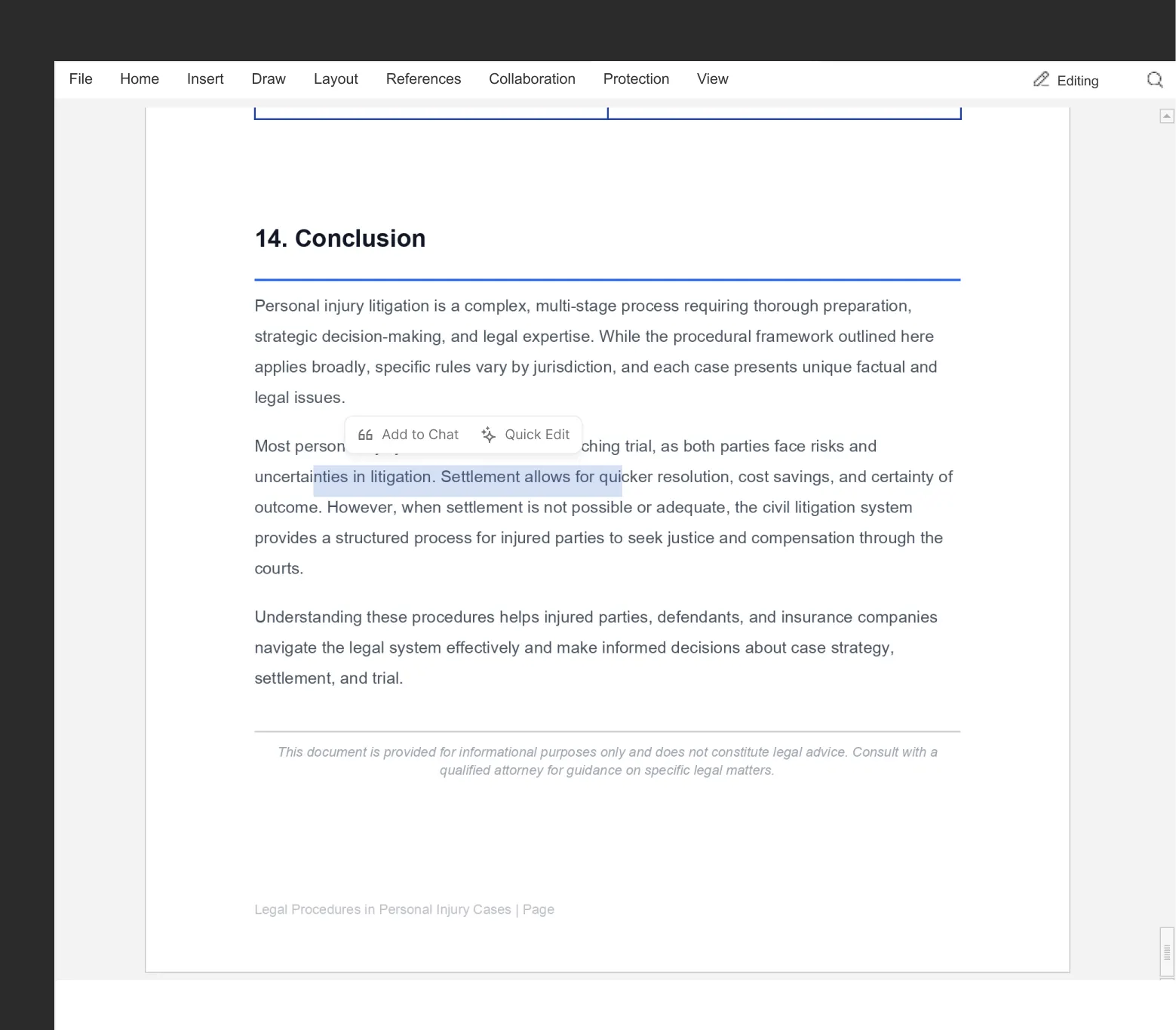Text selected in workspace with floating AI popup